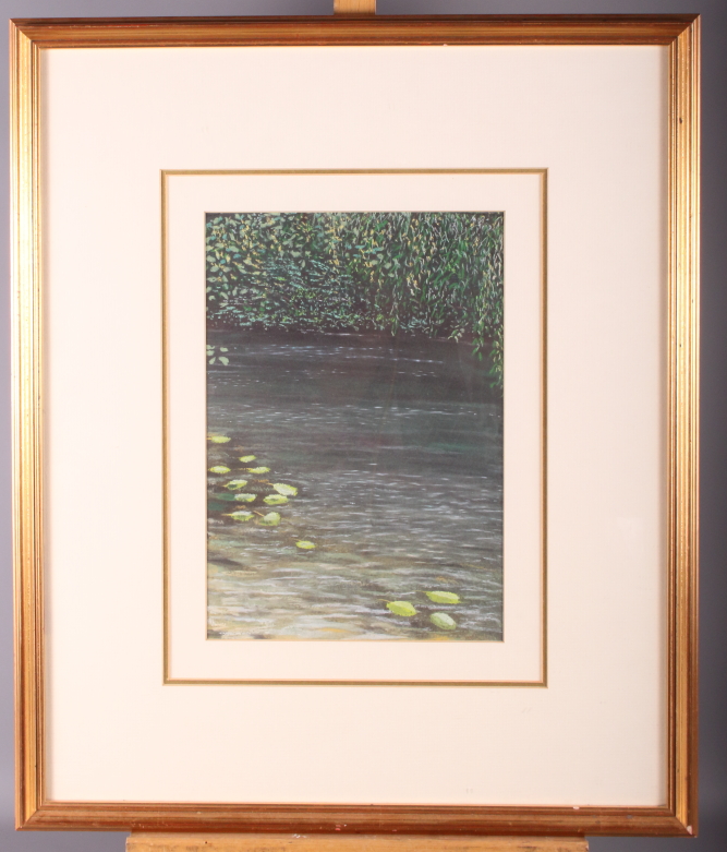 Mid 20th Century English School: pastels, river scene with waterlilies, 8" x 11 1/4", in gilt frame