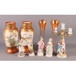 A pair of Satsuma vases, a pair of carnival glass vases, ceramic figures, etc