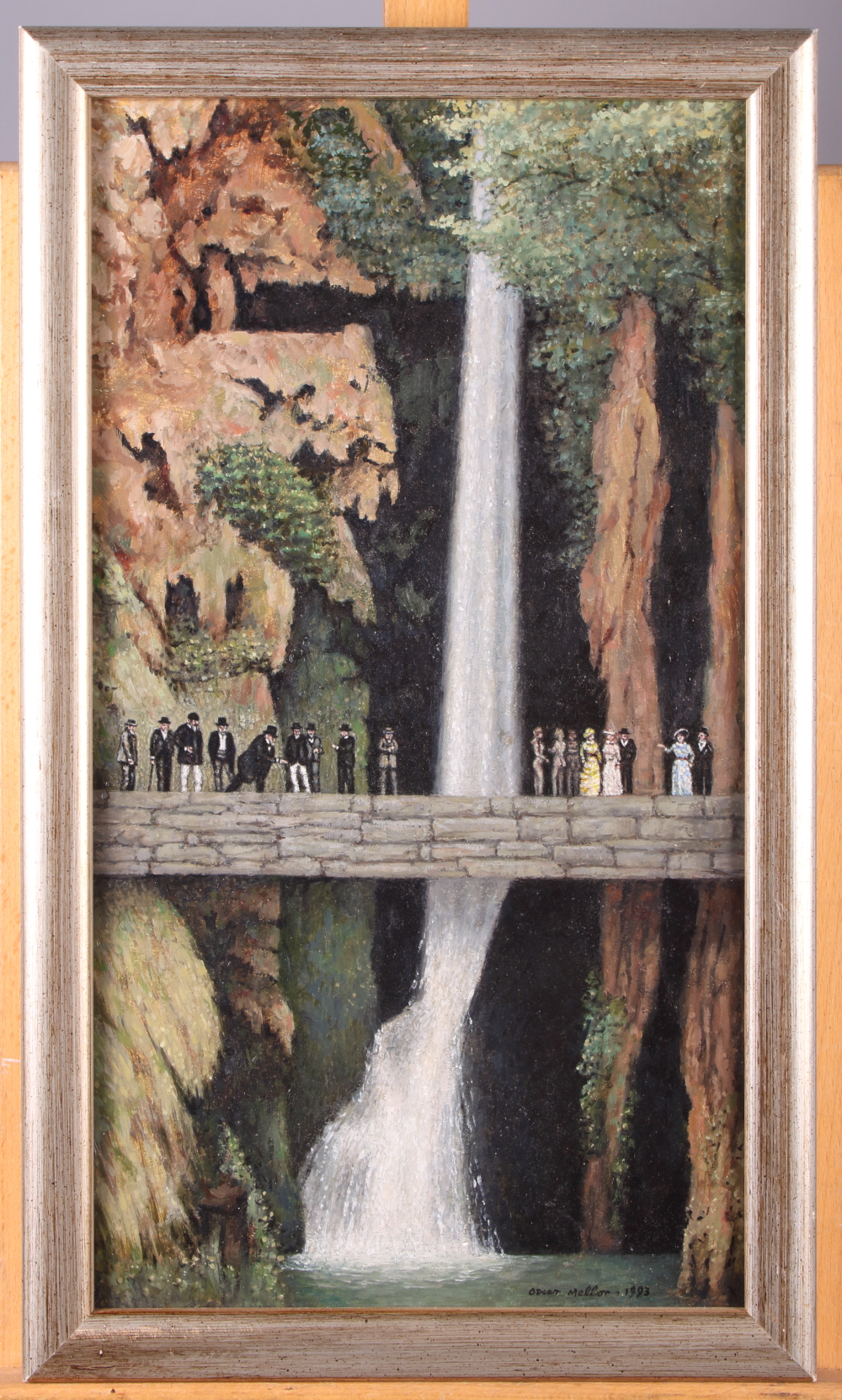 Oscar Mellor: oil on board, "A Game in Progress", figures on a bridge in front of a waterfall,