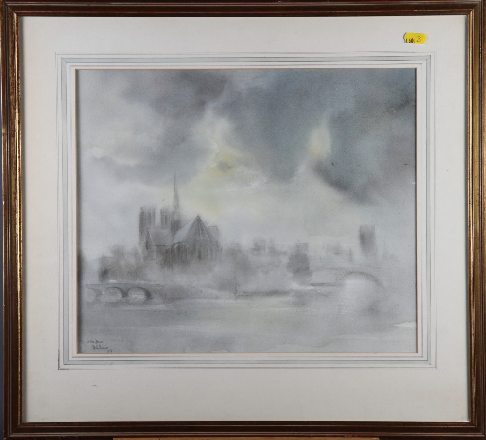 A watercolour, view of Notre Dame in the mist, signed and dated '68, in gilt frame, and four other