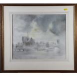 A watercolour, view of Notre Dame in the mist, signed and dated '68, in gilt frame, and four other