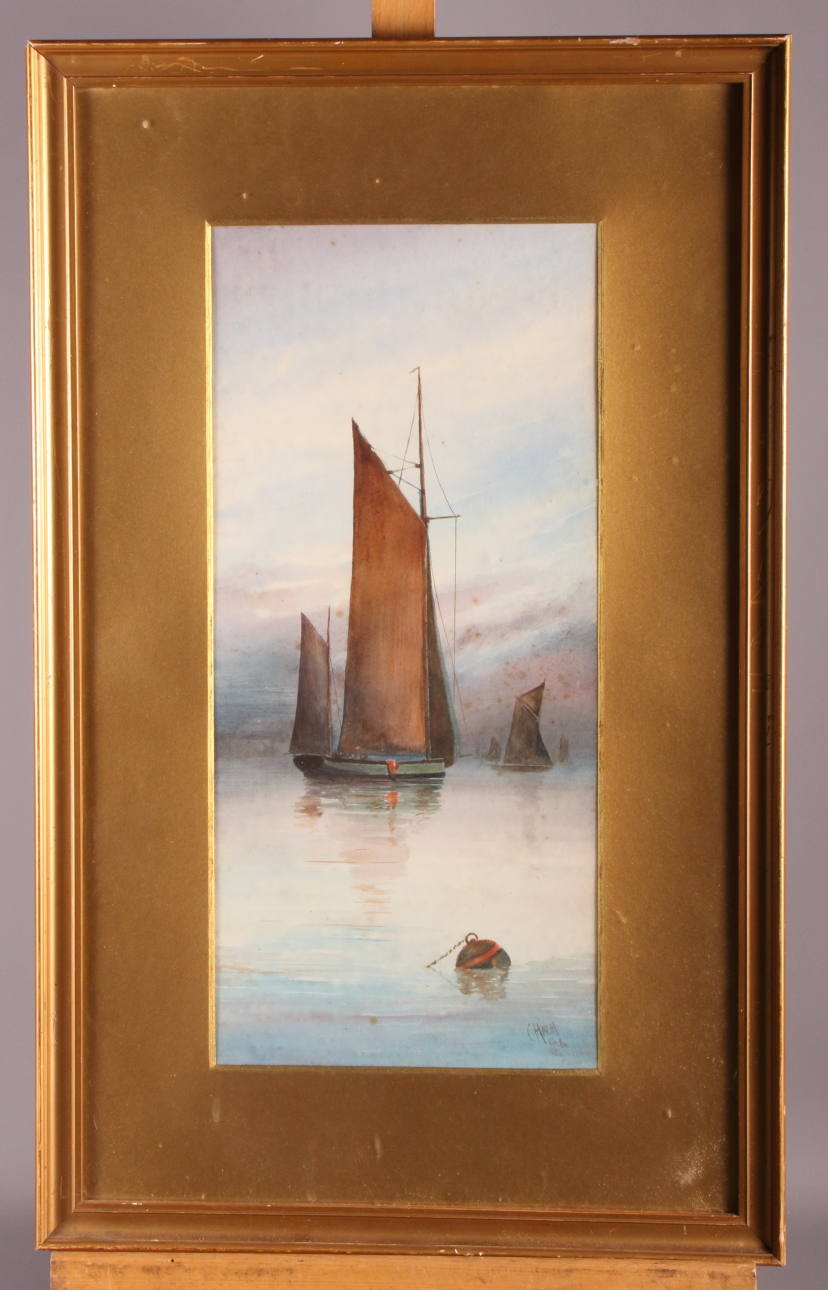 C Haigh: a pair of watercolours, beached sailing boats, 6 1/2" x 14", in gilt frames