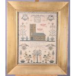 An early Victorian sampler, worked church, verse, angels, etc, dated 1839, 15" x 12", in gilt