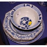 Five 18th Century Chinese blue and white plates, various designs (damages) and a Chinese blue and