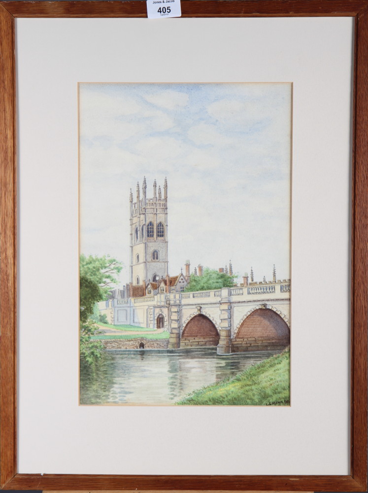 LG Mann: watercolours and body colour, study of Magdalen Bridge and Tower, Oxford, in oak strip