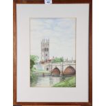 LG Mann: watercolours and body colour, study of Magdalen Bridge and Tower, Oxford, in oak strip