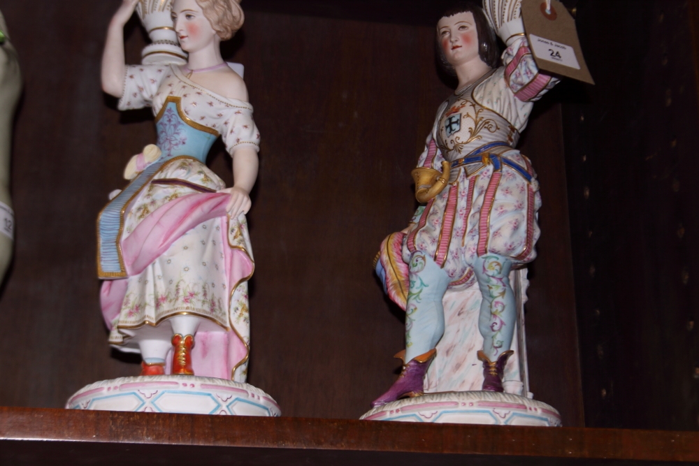 A pair of 19th century Continental polychrome bisque candlesticks, formed as figures in period - Image 5 of 11