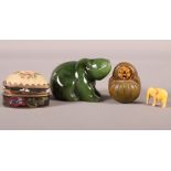 A carved hardstone Japanese Kobi toy, a carved hardstone model of seated bear and other decorative