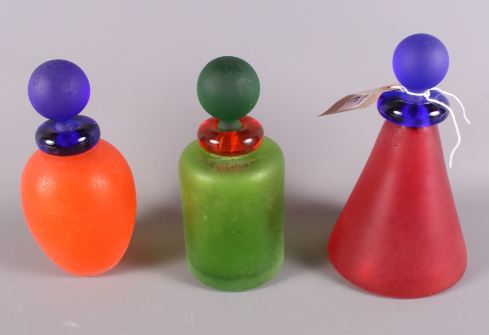Three Italian coloured satin glass bottles with stoppers, bases engraved "Franco Moretti", largest