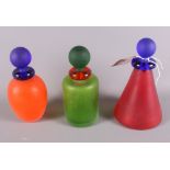 Three Italian coloured satin glass bottles with stoppers, bases engraved "Franco Moretti", largest