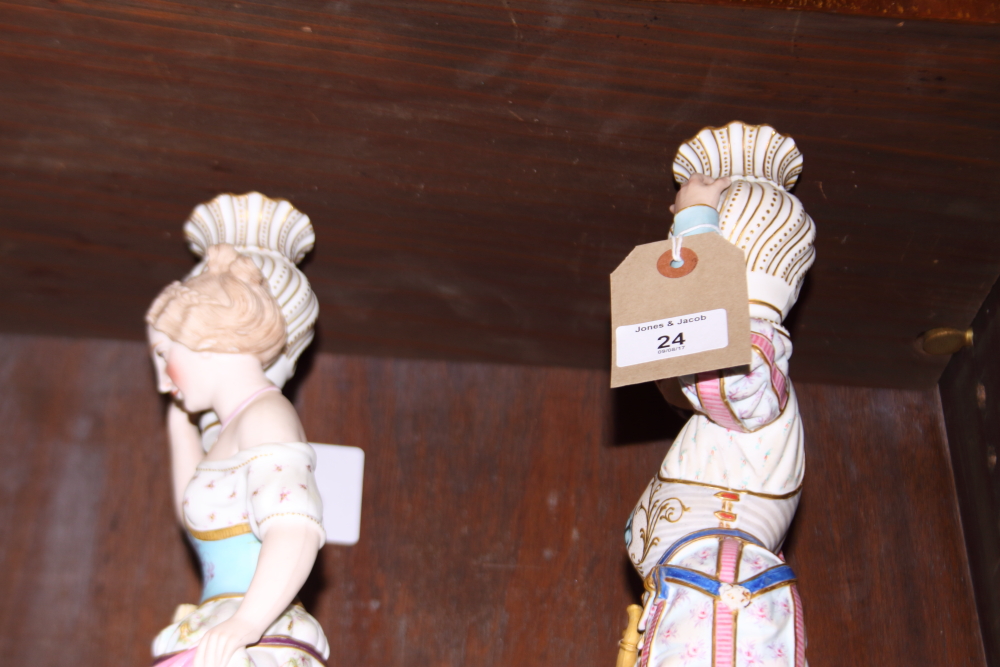 A pair of 19th century Continental polychrome bisque candlesticks, formed as figures in period - Image 6 of 11