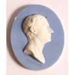 An 18th Century Wedgwood experimental dipped jasper portrait medallion of Tobern Bergman after Johan