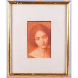 Pre-Raphaelite School: sepia study of a young girl, 4 1/2" x 7 1/4", in gilt frame