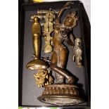 An Indian bronze figure of a dancer, 8" high, a bronze figure of a drummer, 2 1/2" high, a sovereign