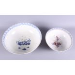 A late 18th Century Liverpool blue and white decorated bowl, 11" dia (hair crack), and a smaller,