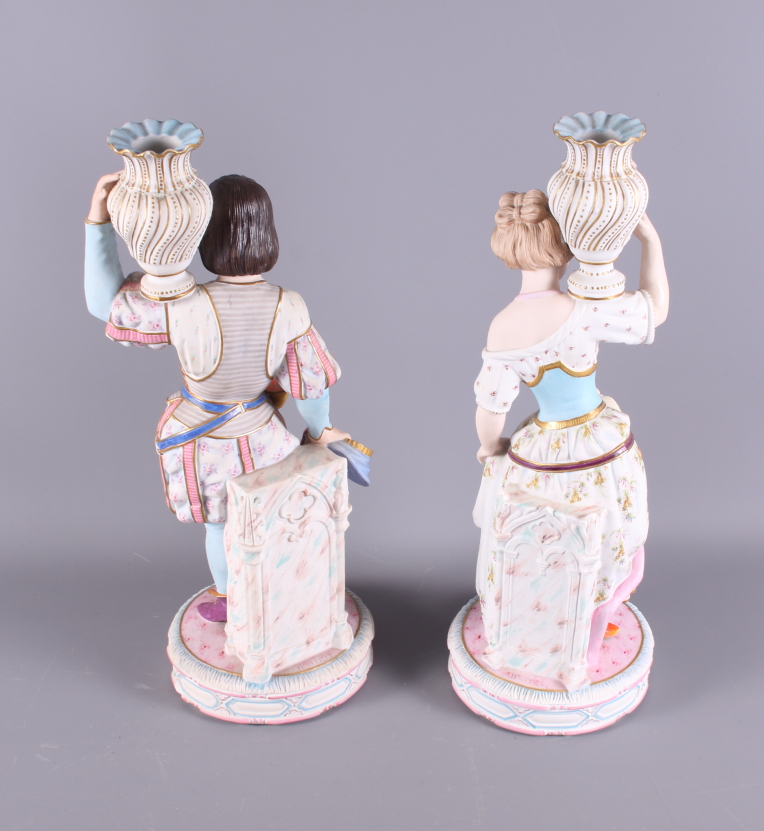 A pair of 19th century Continental polychrome bisque candlesticks, formed as figures in period - Image 2 of 11