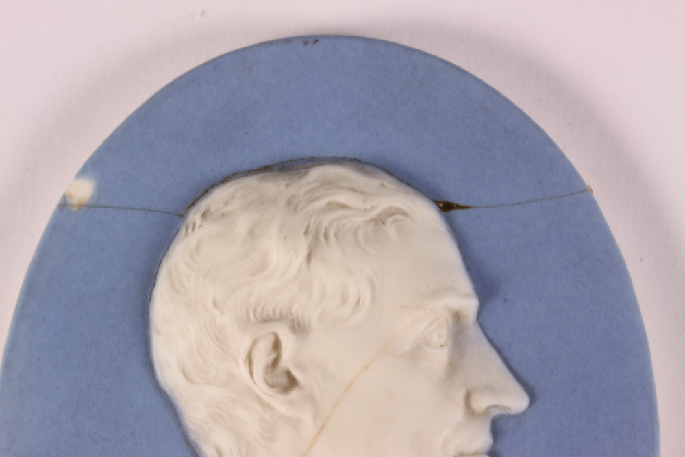 An 18th Century Wedgwood experimental dipped jasper portrait medallion of Tobern Bergman after Johan - Image 2 of 4