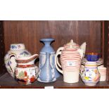 A Susie Cooper kestrel-shape stripe decorated part coffee service, three pieces of Wedgwood