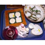 A ruby glass sugar bowl and cream jug decorated applied white trailing, a set of four Limoges