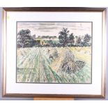 John O'Connor: watercolours, "Stacks of Corn", 22 1/2" x 18 1/4", in gilt strip frame