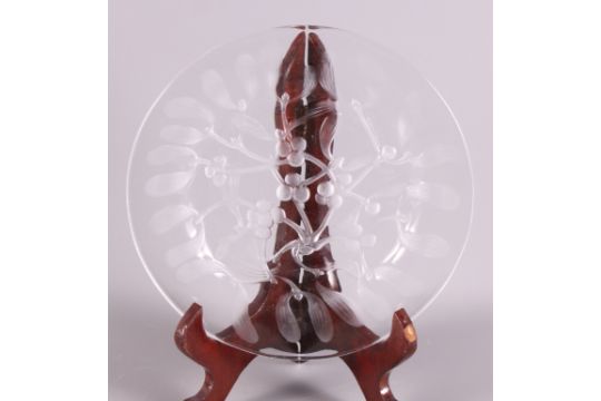 A Lalique clear glass plate, moulded mistletoe, etched "Lalique France", 9" dia - Image 1 of 3