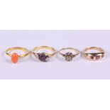 Four gold and gem set dress rings, various