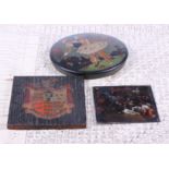 A magic lantern slide, death of Nelson, a coat of arms on oak panel, a painted box cover and an