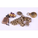 A yellow metal, amethyst and seed pearl brooch, three yellow metal lockets, a rolled gold bracelet