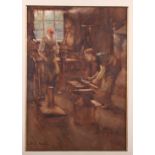 John R Houston RWS: watercolours, blacksmith's workshop with figures, 13" x 9 1/4", in gilt frame