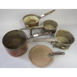 Three bronze skillets and a 19th century copper saucepan with lid
