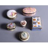 A 19th century circular patch box with enamelled lid and five others, various