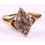 An 18ct gold diamond and sapphire lozenge-shaped plaque ring, size S, 4.2g