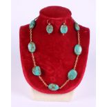 A Victorian gold and turquoise mounted pebble necklace and matching pair of earrings