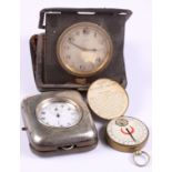 A silver cased open faced pocket watch, in silver mounted travel case, a brass cased pocket sun dial