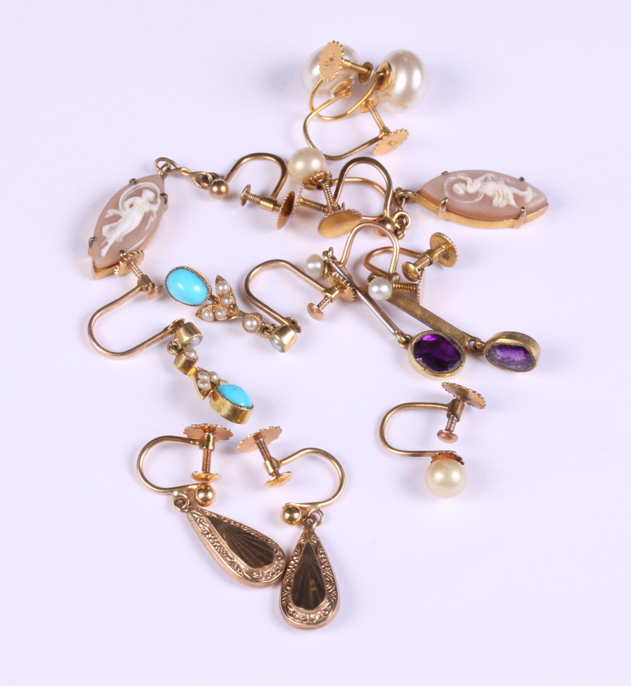 A pair of 9ct gold and pearl ear clips, a similar smaller pair, a pair of 9ct gold and cameo drop