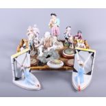 Four Volkstadt porcelain figures, a pair of Continental Art Deco style book ends and various other