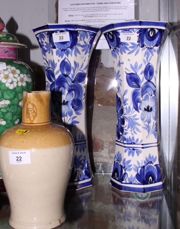 A pair of blue and white octagonal waisted vases, 15" high, a smaller, similar square planter and - Image 2 of 2