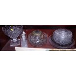 A moulded pedestal glass fruit bowl, on square base, a 19th century oval cut wine glass cooler,
