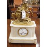 A 19th century white marble mantel clock with gilt metal surmount cast as a Grecian man and