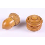 A vegetable ivory thimble holder, formed as an acorn, and a similar trinket box and cover