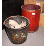 A black papier mache bucket, a canvas bucket and a red tooled leather waste paper bin