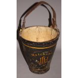 A metal shod black leather fire bucket, inscribed "Matchams JLH", label to underside for