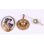 A painted porcelain miniature plaque in 9ct gold brooch mount, a yellow metal turquoise and pearl