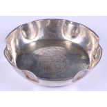 A Continental silver lobed dish with engraved coat of arms, 9.6oz troy approx
