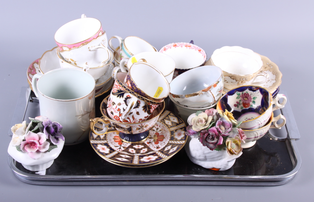 Three Royal Crown Derby "Japan" pattern cups and saucers and various other decorative cups and