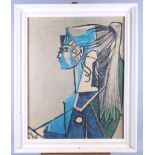 After Picasso: a colour print, portrait of a girl with pony tail, Sylvette David, in green chair, in