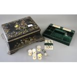 A 19th century black papier mache workbox, inset floral decoration in mother-of-pearl and gilt,