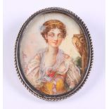 A portrait miniature of a courtesan, in silver frame, 1 1/2" x 1 1/4" overall