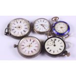 Four ladies' silver cased open faced pocket watches together with a similar gun metal cased open