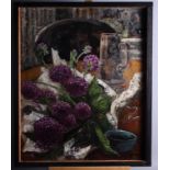 An oil on canvas, still life of flowers, two similar paintings, and a chalk drawing, still life,